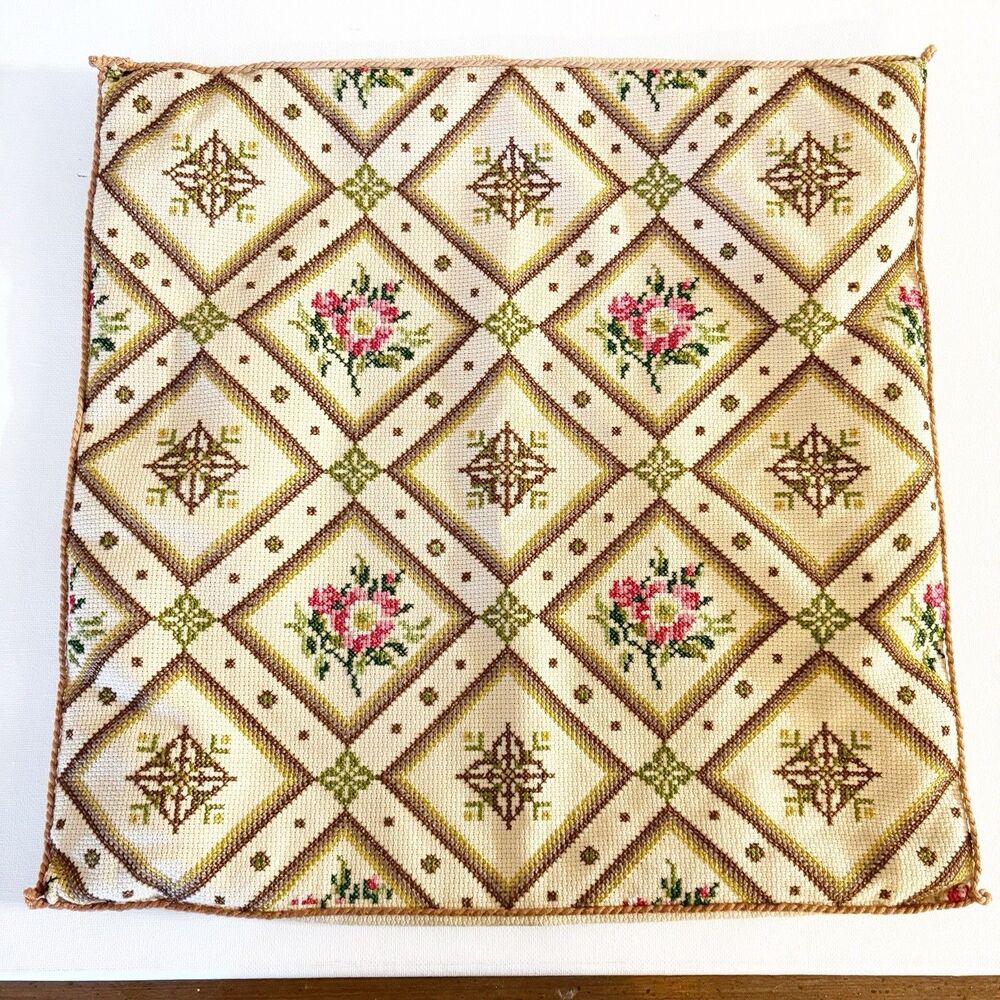 Needlepoint Cross Stitch Pillow Cover Vintage 14x14 Envelope Style Cottagecore